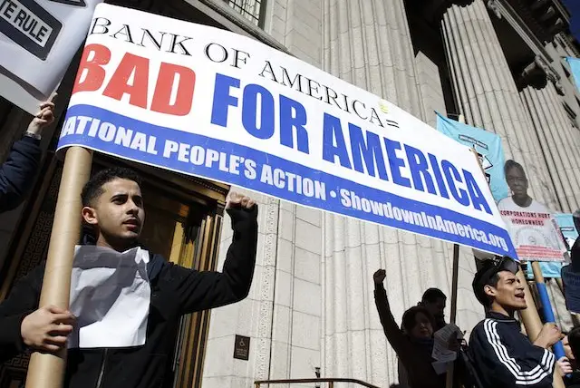 Protestors outside Bank of America on Washington last month.